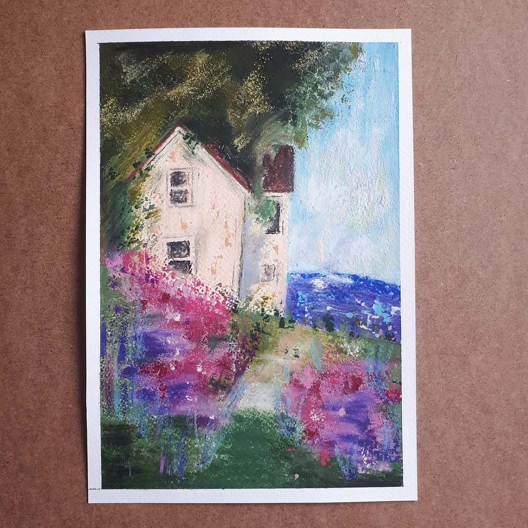 Hidden Beauties & Up On the Hill Duo oil pastel painting