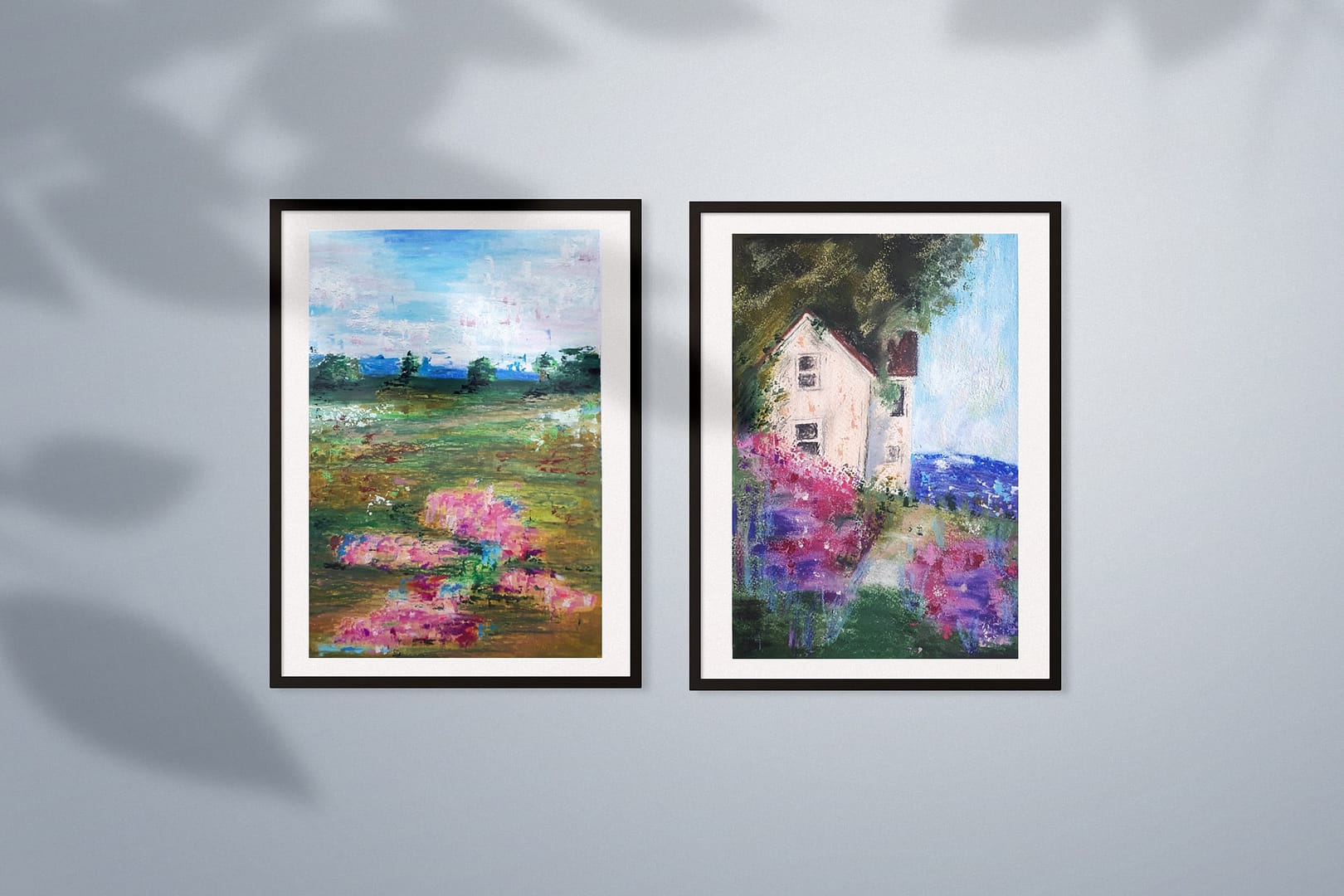 Hidden Beauties & Up On the Hill Duo oil pastel painting